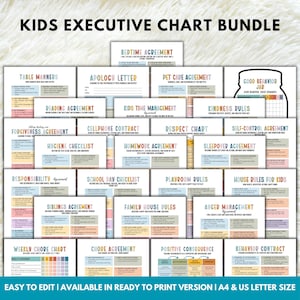 Op de afbeelding: Een bundel afdrukbare kinder-executive charts met titels als "Table Manners", "Bedtime Agreement" en "Homework Agreement". De charts zijn kleurrijk en ontworpen om kinderen te helpen met verschillende aspecten van hun gedrag en routines. De tekst "Kids Executive Chart Bundle" staat bovenaan.