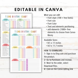 Puede incluir: Dos tablas de rutina para adolescentes imprimibles con un esquema de color arco&iacute;ris pastel. Las tablas incluyen secciones para rutinas de ma&ntilde;ana, tarde y noche, tareas diarias y h&aacute;bitos. El texto "EDITABLE IN CANVA" est&aacute; en la parte superior. Los tama&ntilde;os disponibles son 21,6 x 27,9 cm y 21,1 x 29,7 cm.