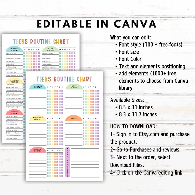 Puede incluir: Dos tablas de rutina para adolescentes imprimibles con un esquema de color arco&iacute;ris pastel. Las tablas incluyen secciones para rutinas de ma&ntilde;ana, tarde y noche, tareas diarias y h&aacute;bitos. El texto "EDITABLE IN CANVA" est&aacute; en la parte superior. Los tama&ntilde;os disponibles son 21,6 x 27,9 cm y 21,1 x 29,7 cm.