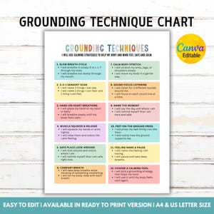 May include: A printable grounding technique chart with the title "Grounding Technique Chart" and the text "Grounding Techniques". The chart includes 12 calming strategies to help the body and mind feel safe and calm. The chart is easy to edit and available in ready to print versions.