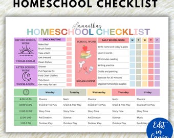 Editable Homeschool Checklist, Homeschool Schedule, Homeschool Planner, Schoolday Routine, Kids Daily Schedule, Canva Template