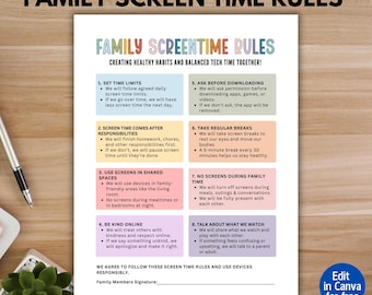 Editable Family Screen Time Rules, Tech and Device Rules for Kids, Screen Time Chart, Household Device Usage Guidelines,Responsibility Chart