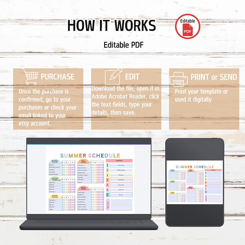 May include: An image showing a digital summer schedule template on a laptop and a smartphone. The text "HOW IT WORKS" and "Editable PDF" are at the top. Instructions are provided in three steps: Purchase, Edit, and Print or Send.