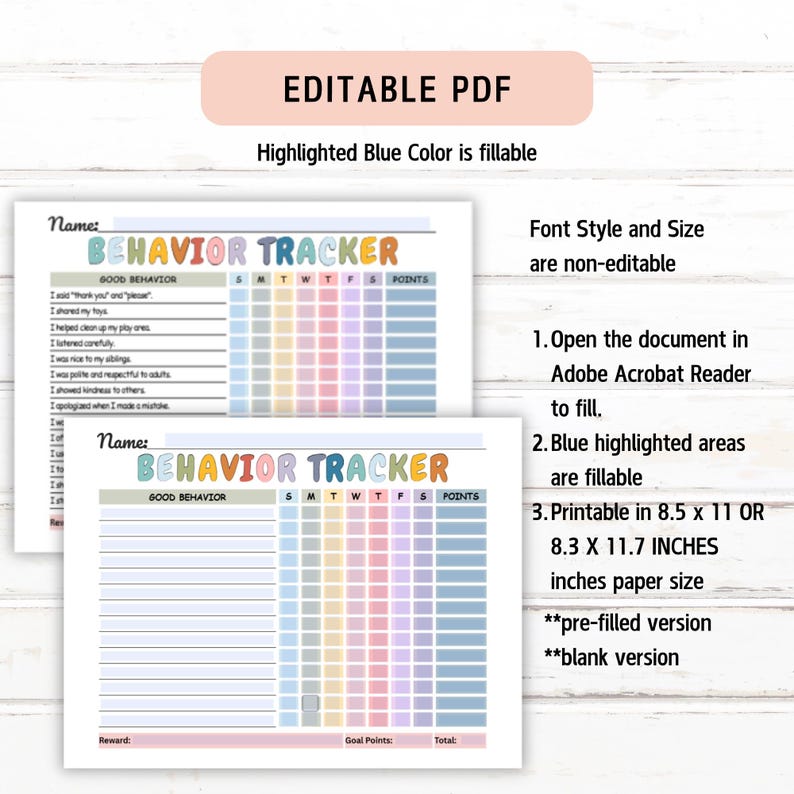 Editable Kids Behavior Tracker, Behavior Chart, Positive Reward Tracker ...