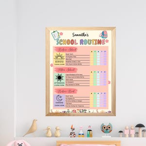 以下が含まれることがあります： Samantha's School Routineというタイトルの額入り学校ルーチンチャート。朝、午後、夜のセクションがあり、アイコン、曜日ごとの列、タスクリストが記載されています。子供の毎日の学校生活を整理するための視覚的なスケジュール表です。
