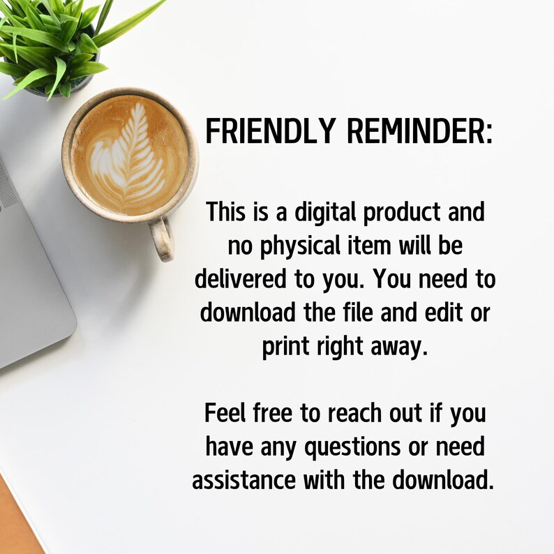 Pode incluir: Uma x&iacute;cara de caf&eacute; com arte latte est&aacute; perto de um laptop e uma pequena planta em vaso. O texto na imagem diz: "FRIENDLY REMINDER: Este &eacute; um produto digital e nenhum item f&iacute;sico ser&aacute; entregue."