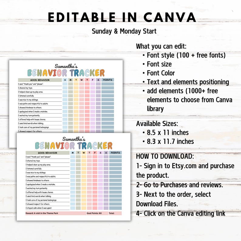 Editable Kids Behavior Tracker, Behavior Chart, Positive Reward Tracker ...