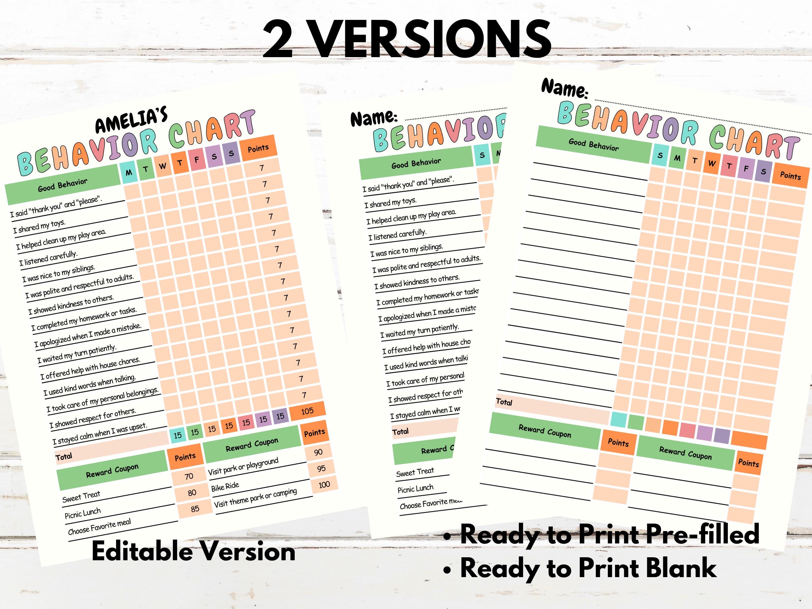 Editable Behavior Chart for Kids, Good Behavior Chart, Kids Behavior ...