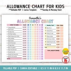 May include: A colourful allowance chart for kids, with a pastel rainbow grid for tracking tasks and earnings. The chart includes sections for 'How to Earn' and 'Weekly Task', with a total amount earned section. The chart is 21.6 x 27.9 cm.