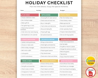 Holiday Planning Checklist, Christmas Party Preparation Checklist, Christmas Planner, Gift & Party Prep List, Editable Canva Template, PDF