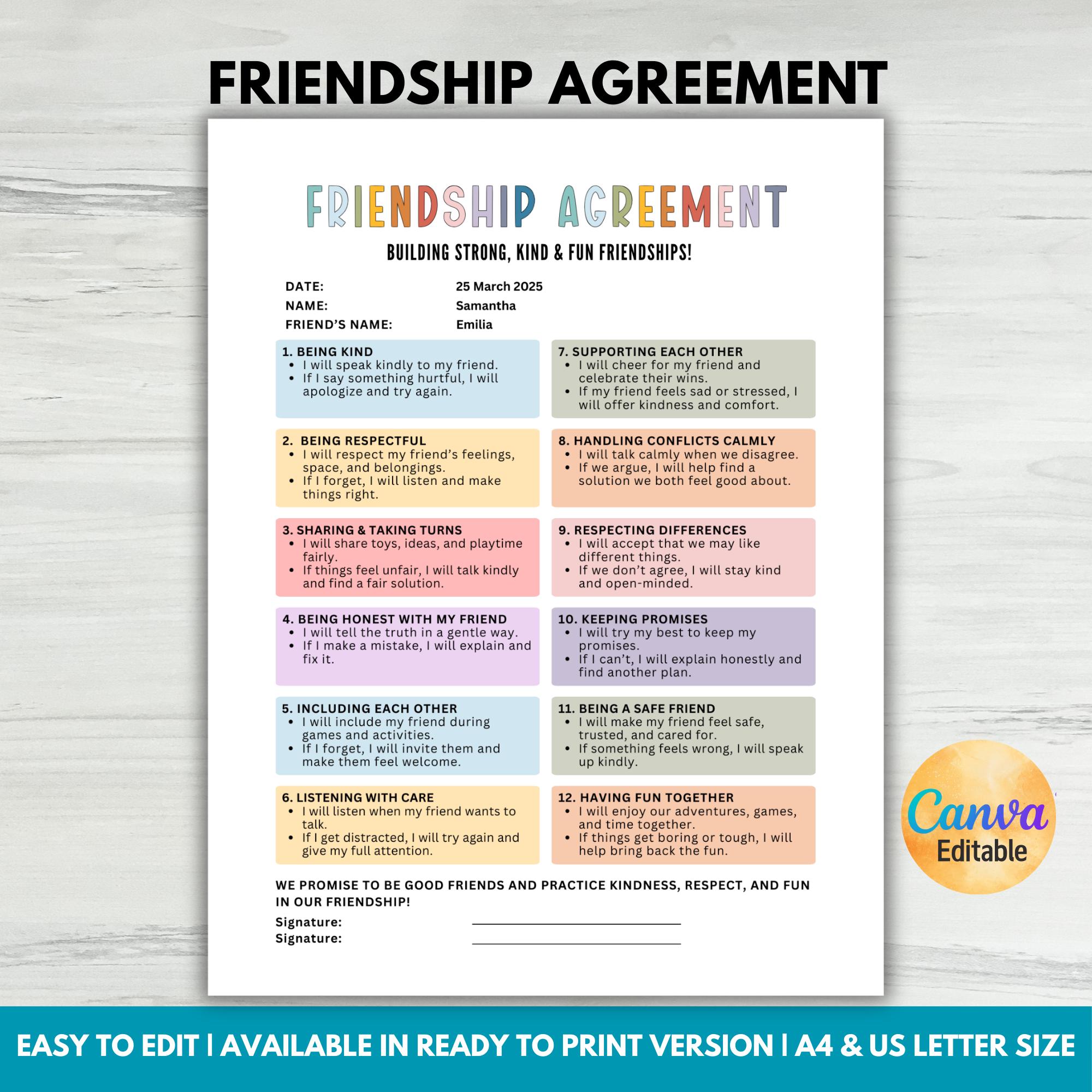 Editable Kids Friendship Promise, Friendship Agreement, Kids BFF ...