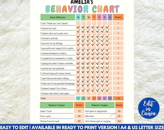 May include: A colorful behavior chart for Amelia, featuring a checklist for good habits and reward coupons. The chart includes sections for each day of the week, with checkmarks to track progress. The chart is available in A4 and US letter sizes.