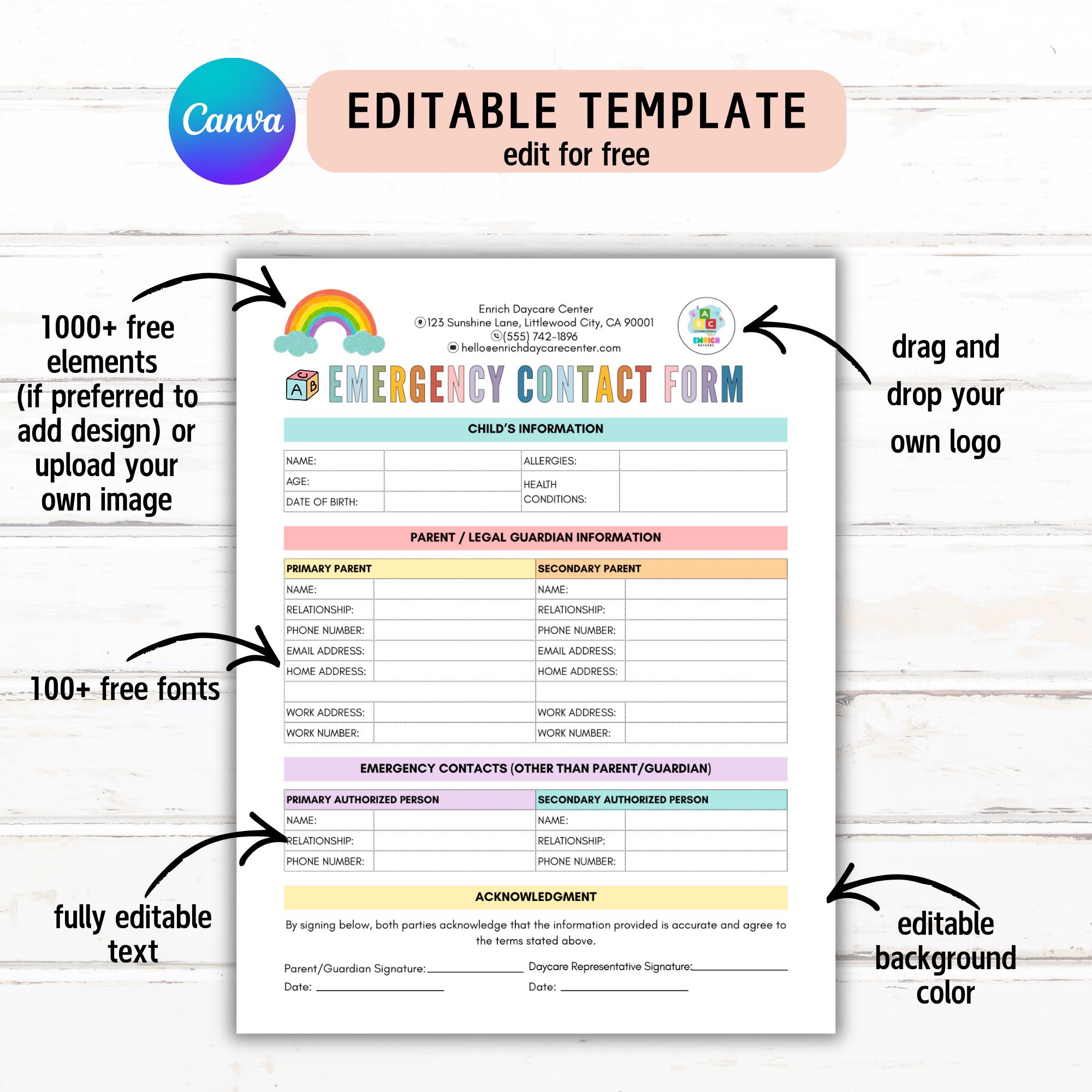 Editable Emergency Contact Form for Daycare, Emergency Information ...