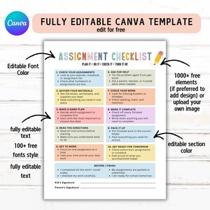 May include: A printable assignment checklist template featuring ten numbered steps and a 'before I finish' section. The document includes pastel-colored boxes, a pencil icon, and the text 'ASSIGNMENT CHECKLIST' with the subtitle 'PLAN IT - DO IT - CHECK IT - TURN IT IN!' and signature lines.
