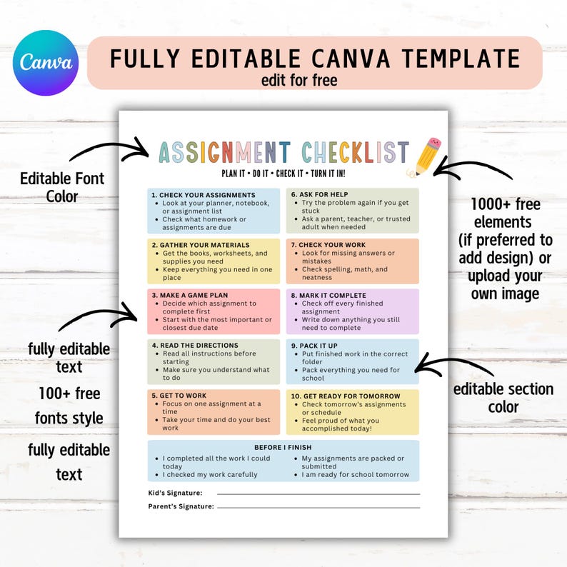 May include: A printable assignment checklist template featuring ten numbered steps and a 'before I finish' section. The document includes pastel-colored boxes, a pencil icon, and the text 'ASSIGNMENT CHECKLIST' with the subtitle 'PLAN IT - DO IT - CHECK IT - TURN IT IN!' and signature lines.