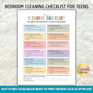 May include: A colourful bedroom cleaning checklist for teenagers, with sections for tidying up, handling laundry, and managing closet space. The text "Canva Editable" is also included.