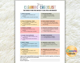 Bearbeitbare Checkliste für die Schlafzimmerreinigung für Jugendliche, Raumreinigungsvereinbarung für Jugendliche, Raumreinigungsrunde, Tabelle der Verantwortung für Teenager