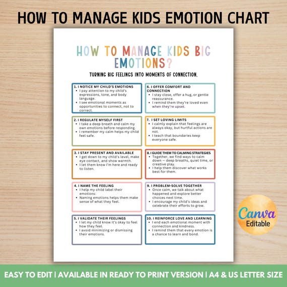 Emotion Coaching Steps Chart for Parents, How to Manage Kids Emotions, Emotion Regulation, Emotion Management, Parenting Tool,Canva Template