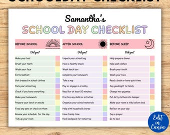 May include: A printable checklist for kids to use before school, after school, and before bed. The checklist is divided into three sections with colorful icons and text that says "Did you?"  The checklist includes tasks like making their bed, brushing their teeth, eating breakfast, getting dressed, packing their school bag, unpacking their school bag, having a healthy snack, washing their lunch box, completing their homework, taking a nap, playing or engaging in a hobby, reading for at least 20 minutes, practicing any skills or activities, organizing their school materials, helping with household chores, having family time, packing their backpack for tomorrow, helping prepare dinner, helping wash dishes, brushing their teeth, washing their face, reading a book or having quiet time, saying goodnight to family, changing into pajamas, putting dirty clothes into a hamper, making their room tidy before bed, reflecting on their day, saying a prayer, and going to bed.