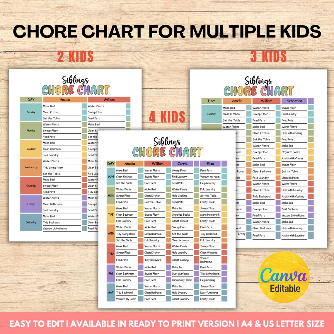 Editable Kids Chore Chart, Multiple Siblings Chart, Siblings