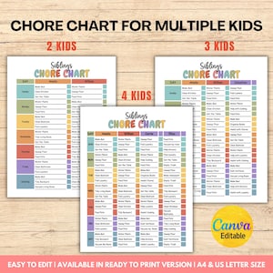 Editable Kids Chore Chart, Multiple Siblings, Printable (Canva Template)