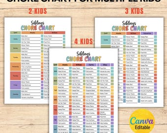 Editable Kids Chore Chart, Multiple Siblings Chart, Siblings Responsibility Chart, Printable (Canva Template)