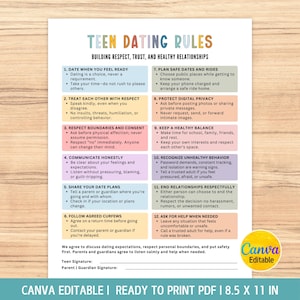 May include: A printable document titled Teen Dating Rules: Building Respect, Trust, and Healthy Relationships. It features twelve numbered guidelines in colorful boxes, including sections for teen and parent signatures, measuring 8.5 by 11 inches.