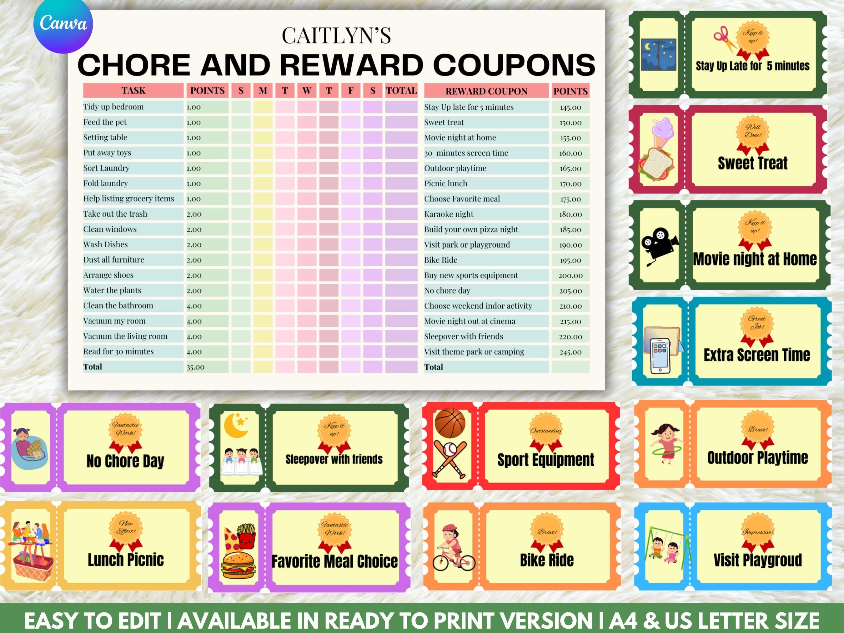 Editable kids chore reward chart kids reward coupon kids chore