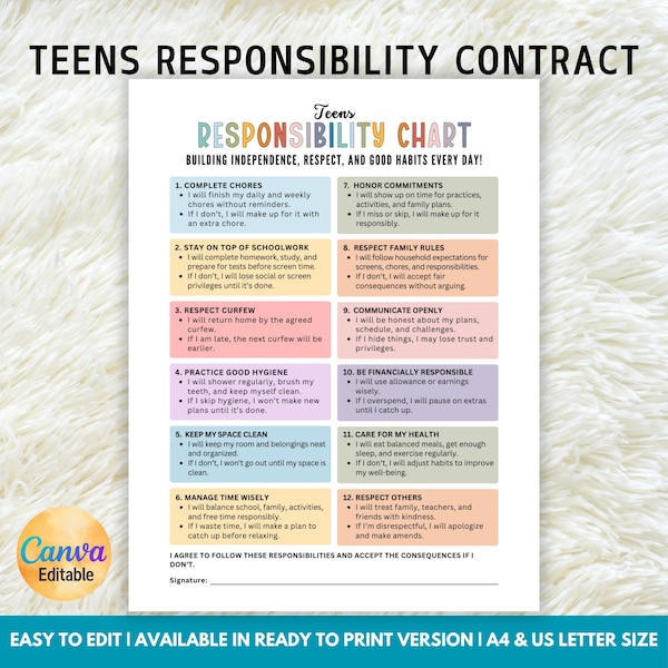 Quadro de Responsabilidades para Adolescentes Editável, Lista de Verificação de Responsabilidades, Contrato de Responsabilidades, Quadro de Comportamento para Adolescentes, Quadro de Comportamento, Modelo do Canva