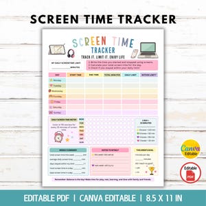 May include: A printable screen time tracker sheet featuring a weekly log, a daily screen time meter with color-coded boxes, a weekly summary section, and a notes area. The document includes icons of a tablet, headphones, phone, laptop, and alarm clock.