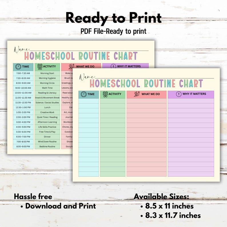 May include: Two printable homeschool routine charts. The charts are pastel-colored with sections for time, activity, what we do, and why it matters. The text "Ready to Print" and "Homeschool Routine Chart" are visible. Available sizes are 8.5 x 11 inches and 8.3 x 11.7 inches.