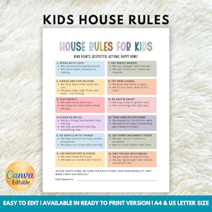 May include: A colourful "Kids House Rules" poster with blocks listing rules for children. The poster includes text like "Speak with Love," "Hands are for Helping," and "End the Day with Smiles." The bottom of the poster says "Easy to Edit" and "A4 & US Letter Size."
