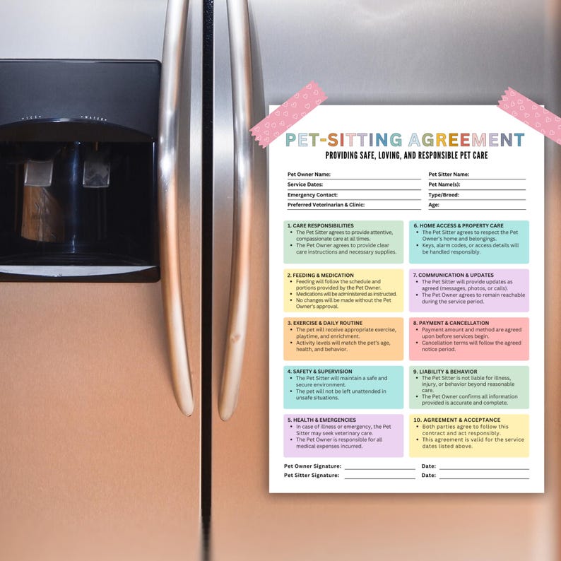 May include: A pet-sitting agreement form with the title "PET-SITTING AGREEMENT" and the subtitle "PROVIDING SAFE, LOVING, AND RESPONSIBLE PET CARE." The form includes sections for pet owner and sitter information, care responsibilities, and emergency contacts.