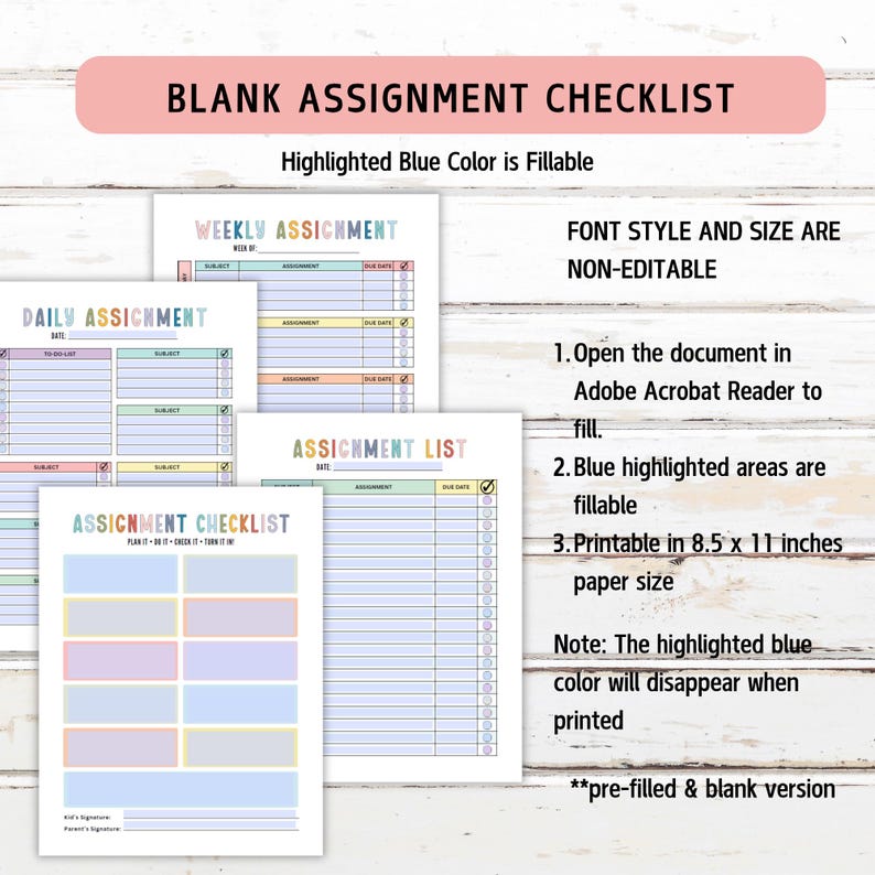 May include: A digital assignment checklist set featuring multiple printable templates with pastel-colored headers and blue fillable fields. The text includes BLANK ASSIGNMENT CHECKLIST, WEEKLY ASSIGNMENT, DAILY ASSIGNMENT, and ASSIGNMENT LIST, designed for 8.5 x 11 inches paper.