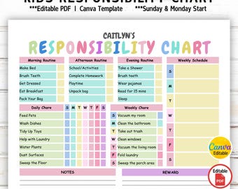 Editable Kids Responsibility Chart, Chore Checklist, Kids Cleaning Schedule, Kids Routine Chart, Kids Daily Checklist, Canva Template, PDF