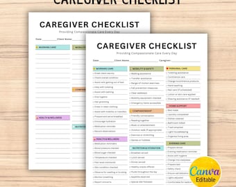 Editable Caregiver Daily Checklist, Elderly Care Checklist, Senior Home Care Checklist, Canva Template