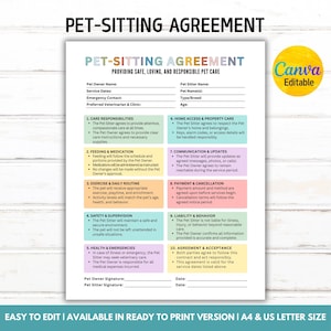 以下が含まれることがあります： 「PET-SITTING AGREEMENT」と題された、印刷可能なペットシッター契約書。飼い主とシッターの情報、ケアの責任、緊急連絡先などのセクションが含まれています。このドキュメントは、簡単に編集して印刷できるように設計されています。
