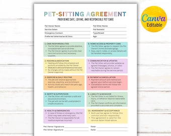 Może przedstawiać: Drukowalna umowa opieki nad zwierzętami, zatytułowana "PET-SITTING AGREEMENT". Dokument zawiera sekcje dotyczące informacji o właścicielu i opiekunie, obowiązków opieki i kontaktów alarmowych. Dokument jest przeznaczony do łatwej edycji i drukowania.