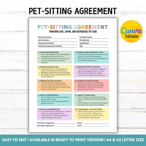Editable Pet-Sitting Agreement, Dog-Sitting Contract, Dog Walker Form, Pet Boarding Form, Pet Sitter Contract, Canva Template