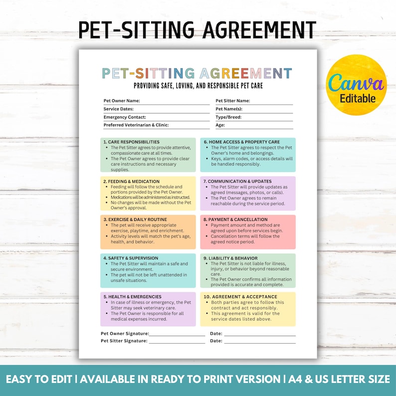 May include: A printable pet-sitting agreement with the title "PET-SITTING AGREEMENT" in large text. The document includes sections for pet owner and sitter information, care responsibilities, and emergency contacts. The document is designed to be easily edited and printed.