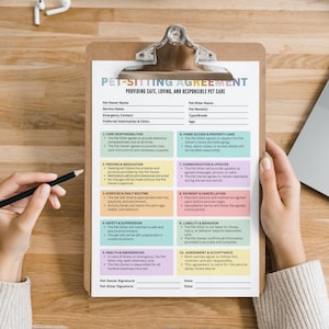 May include: A clipboard with a pet-sitting agreement form. The form includes sections for pet owner and sitter information, care responsibilities, feeding, exercise, safety, health, and agreement terms. The text "PET-SITTING AGREEMENT" is at the top.