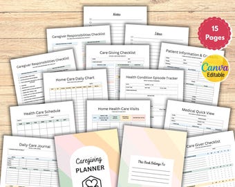 Editable Caregiving Planner, Caregiving Checklist, Caregiver Checklist, Caregiving Journal, Homecare Planner,  Elderly Care Checklist, Canva