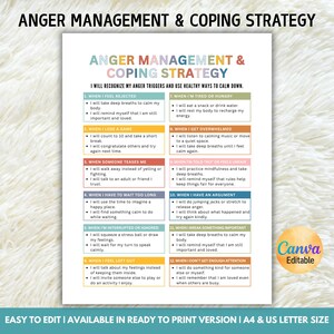 May include: A printable anger management and coping strategy chart with a white background. The chart includes 12 strategies with numbered steps and a Canva Editable logo. The text reads "Anger Management & Coping Strategy."