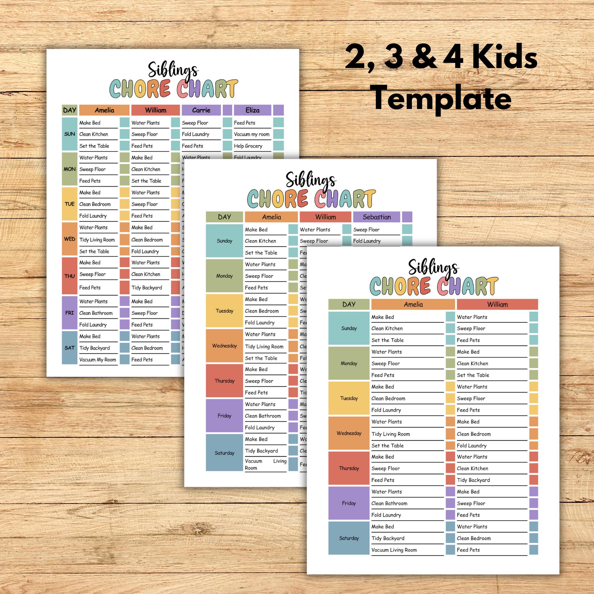 Editable Kids Chore Chart, Multiple Siblings, Printable (canva Template ...