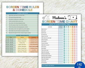 Kids Screen Time Chart, Gadget Chart for Kids, Screen Time Tracker, Screentime Reward Chart, Sreentime Rules, Editable Screentime Planner