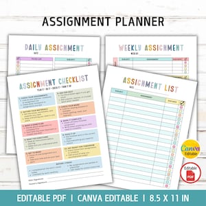 May include: A set of printable assignment planner sheets featuring a daily assignment tracker, weekly assignment log, assignment checklist, and assignment list. The pages include colorful headers, tables, and text in 8.5 by 11 inch format.
