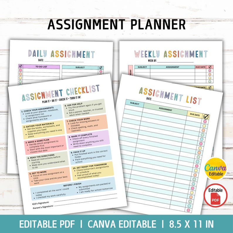 May include: A set of printable assignment planner sheets featuring a daily assignment tracker, weekly assignment log, assignment checklist, and assignment list. The pages include colorful headers, tables, and text in 8.5 by 11 inch format.