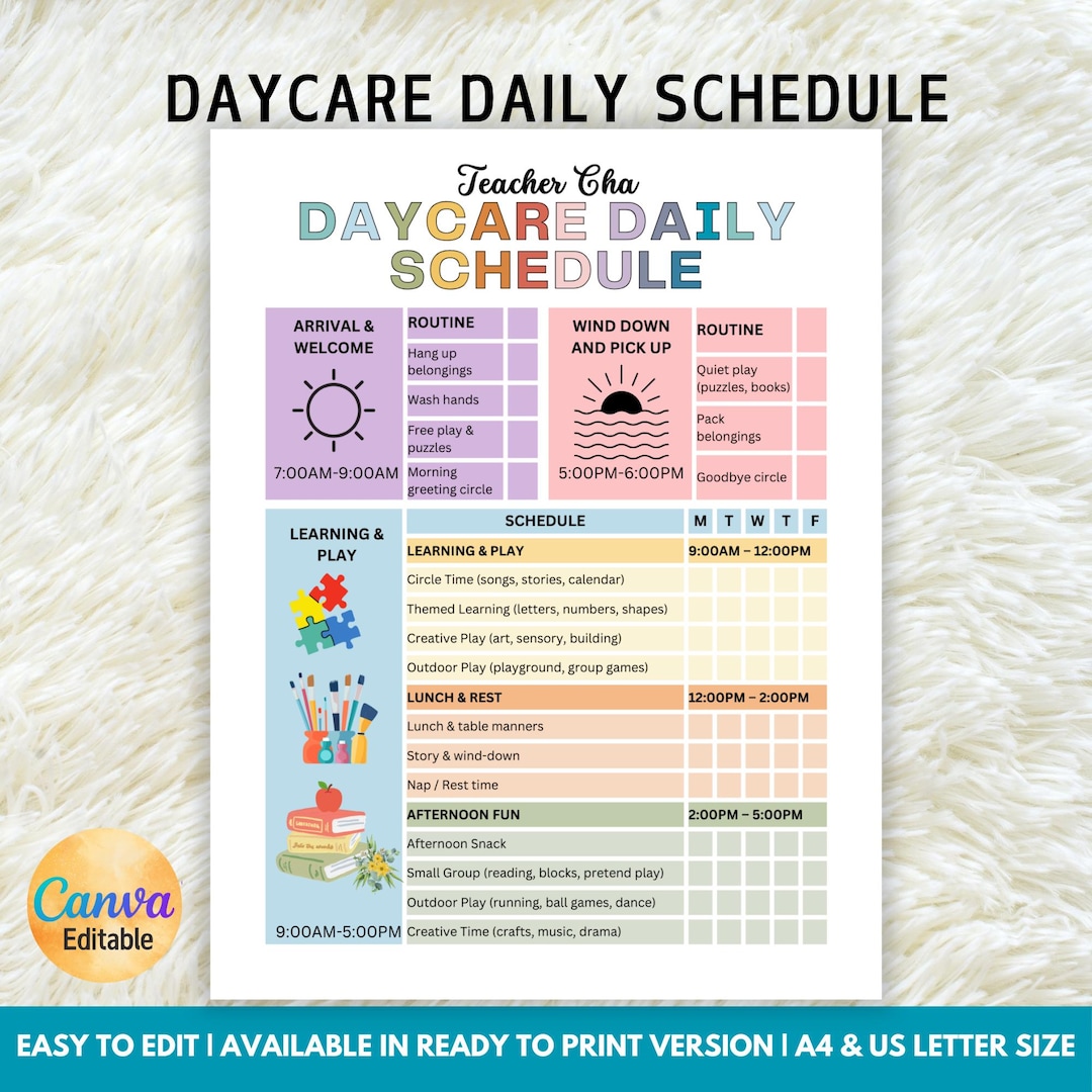 Editable Daycare Daily Schedule, Homeschool Schedule, Classroom ...