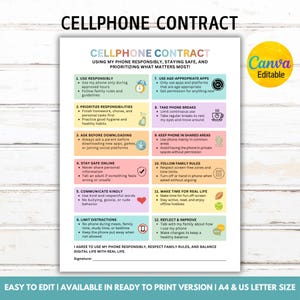 Può includere: Un contratto per cellulare stampabile bianco con sezioni colorate che delineano l'uso responsabile del telefono, la sicurezza e la priorità alle attività della vita reale. Testo: "Cellphone Contract" e "Canva Editable".