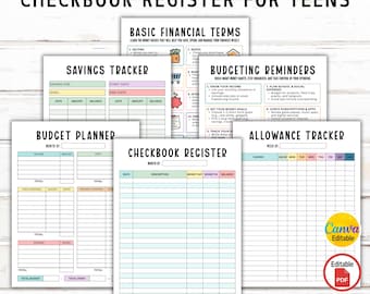 Checkbook Register for Teens, Budget Planner for Teens, Allowance & Savings Tracker, Financial Literacy Worksheet, Canva Editable, PDF